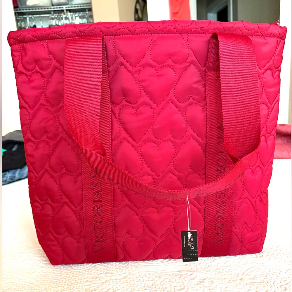 Victoria's Secret Red Quilted Tote with Diamond Pattern